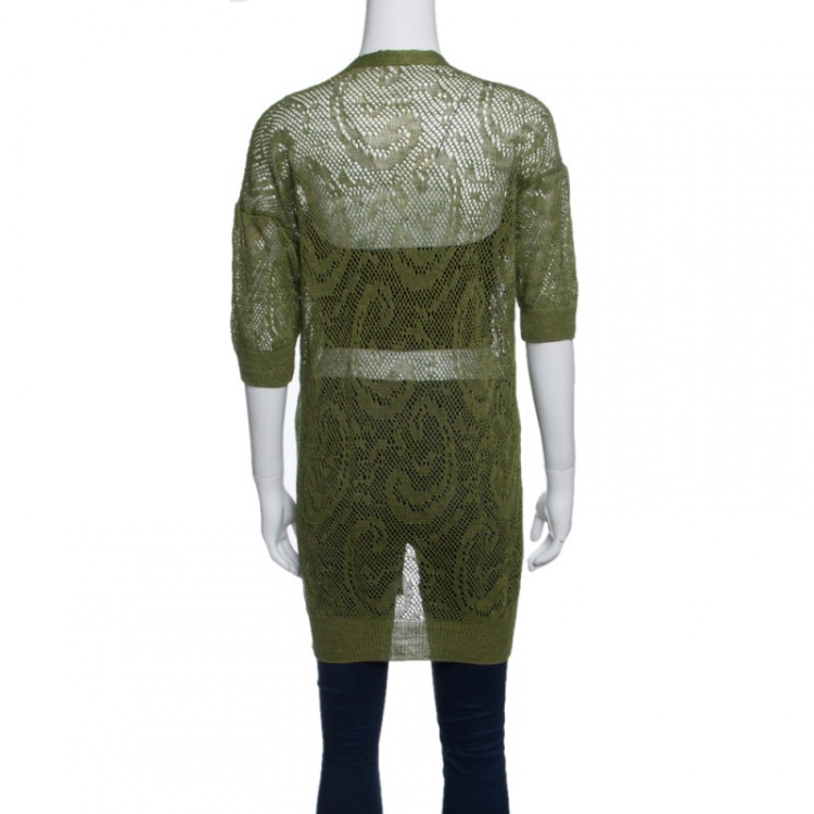 مملوكة مسبقًا Dries Van Noten Green Perforated Knit Short Sleeve Cardigan S