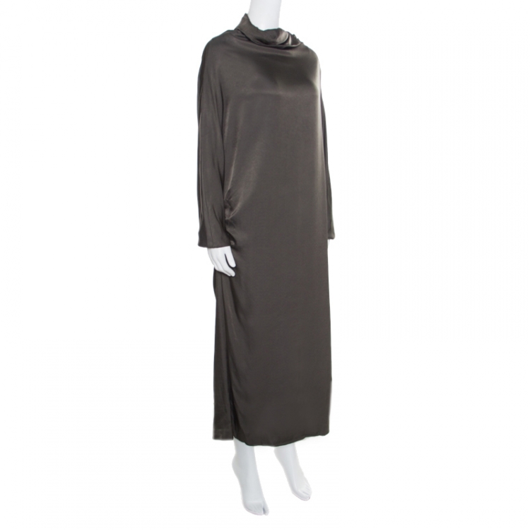 Pre Owned Dries Van Noten Olive Green Satin Zipped High Neck Dolman Sleeve Dress  L