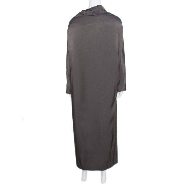 Pre Owned Dries Van Noten Olive Green Satin Zipped High Neck Dolman Sleeve Dress  L