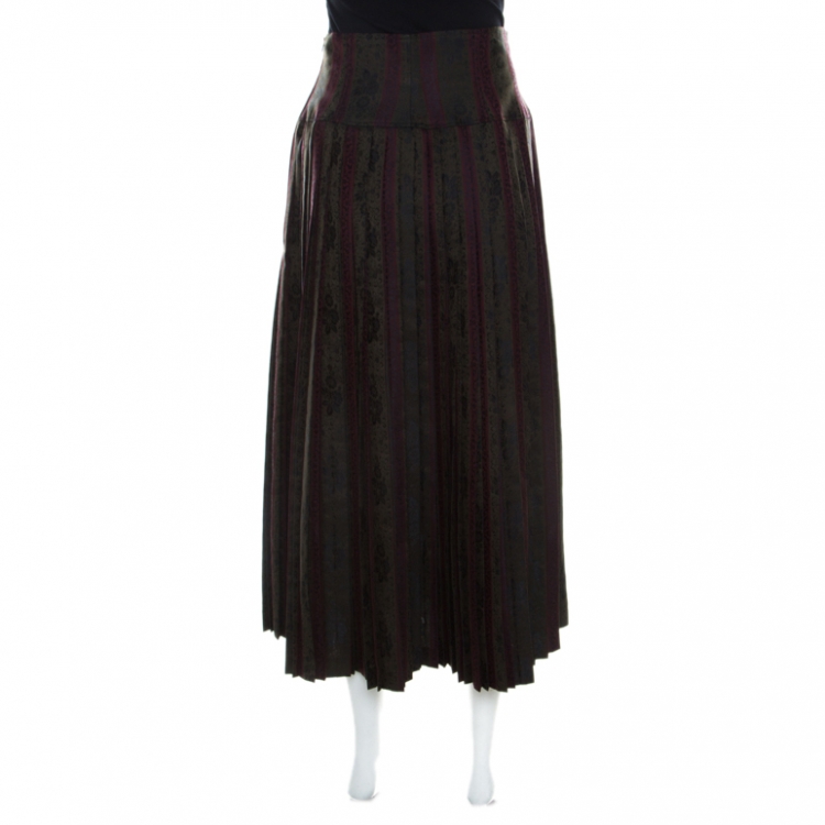 Pre Owned Dries Van Noten Olive Green and Burgundy Silk Brocade Pleated Skirt L 