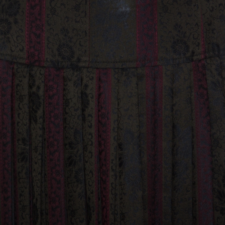 Pre Owned Dries Van Noten Olive Green and Burgundy Silk Brocade Pleated Skirt L 