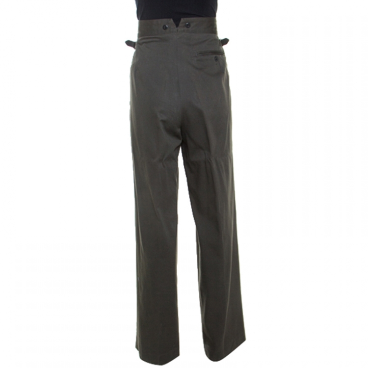 Pre Owned Dries Van Noten Khaki Green Cotton Buckle Detail Wide Leg Trousers L