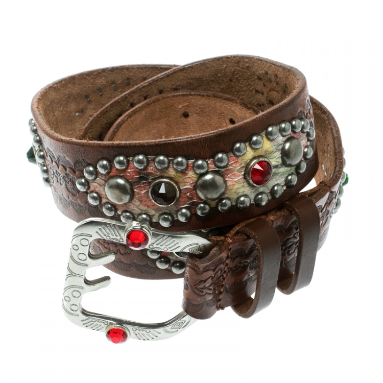 Pre Owned Dsquared2 Brown Leather Studded Belt Size 80 CM