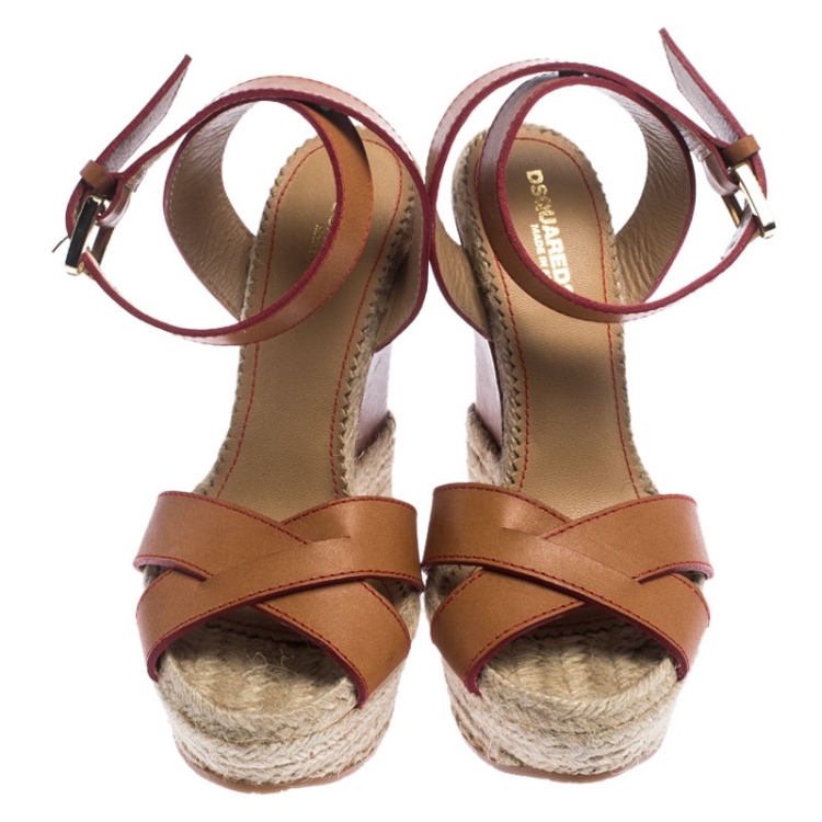 Pre Owned Dsquared2 Brown Leather Wedge Espadrille Platform Sandals Size 37