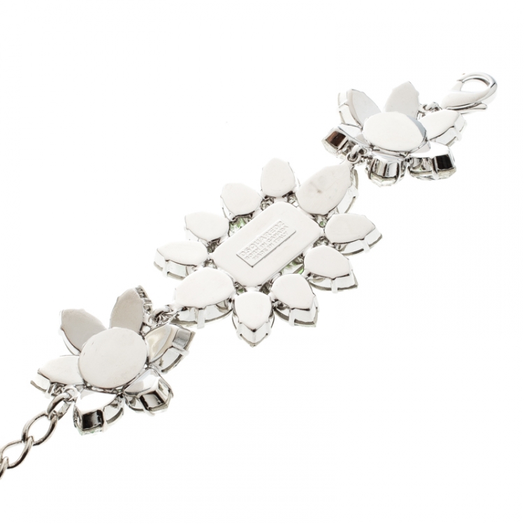 Pre Owned Dsquared2 Crystal Flower Silver Tone Bracelet 