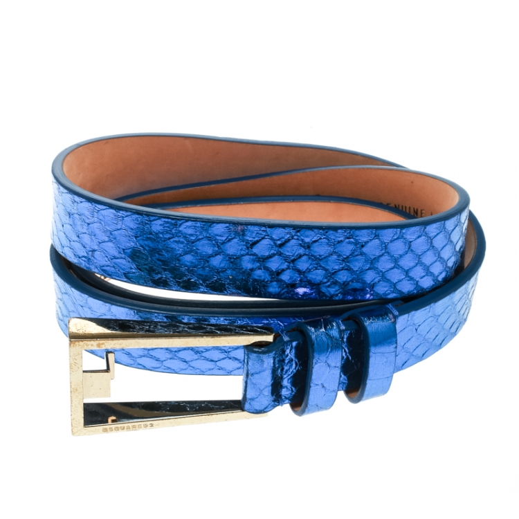 Pre Owned Dsquared2 Metallic Blue Python Leather Belt Size 80 CM