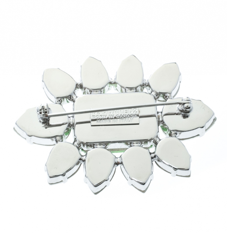 Pre Owned Dsquared2 Green Crystal Flower Silver Tone Pin Brooch
