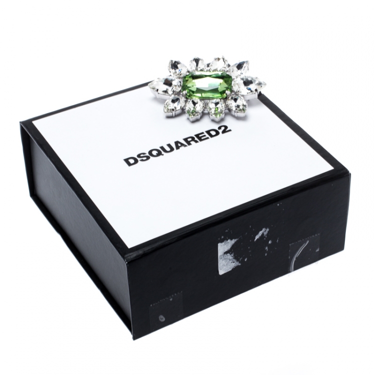 Pre Owned Dsquared2 Green Crystal Flower Silver Tone Pin Brooch