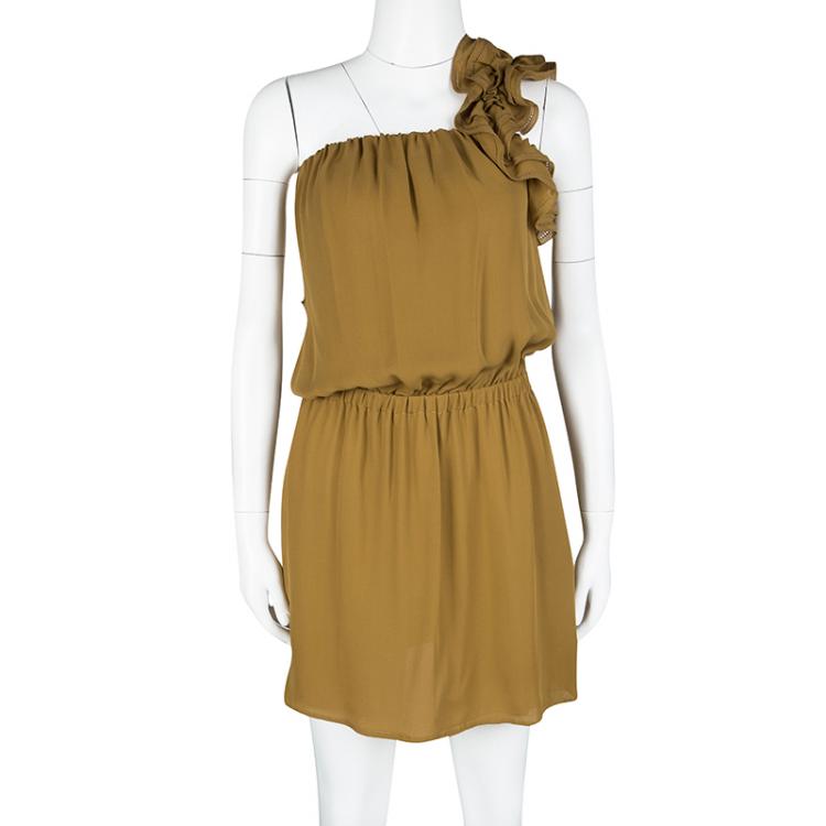 Pre Owned Dsquared2 Camel Brown Silk Ruffle Detail One Shoulder Dress S