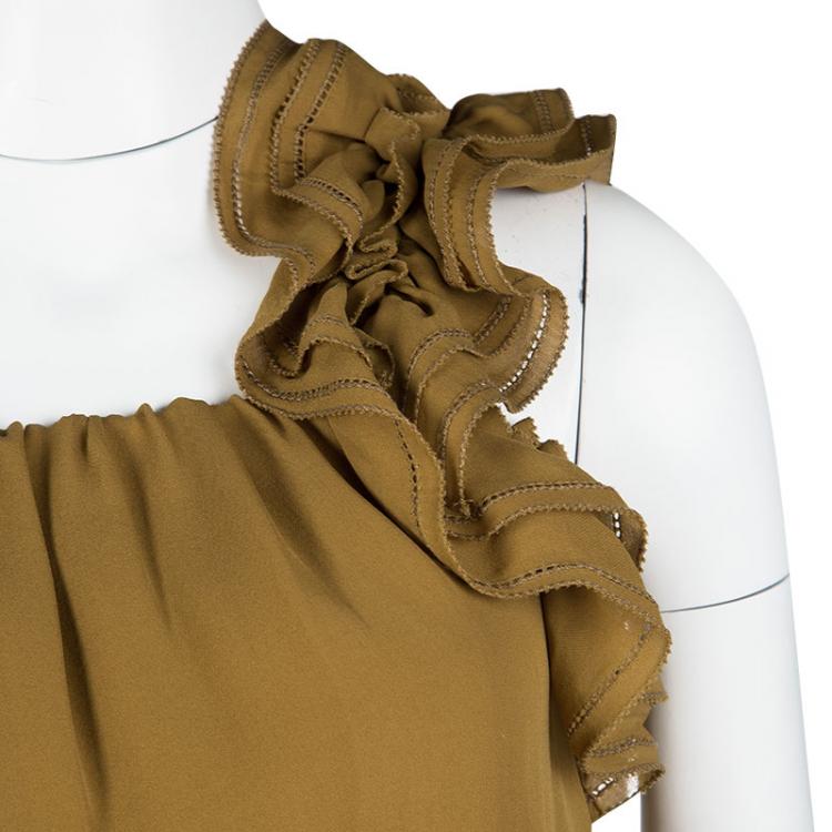 Pre Owned Dsquared2 Camel Brown Silk Ruffle Detail One Shoulder Dress S