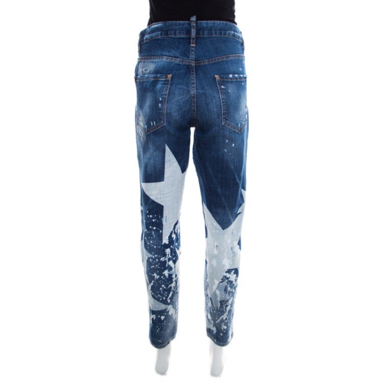 Pre Owned Dsquared2 Indigo Light Wash Star Print Detail Distressed Denim Jeans S
