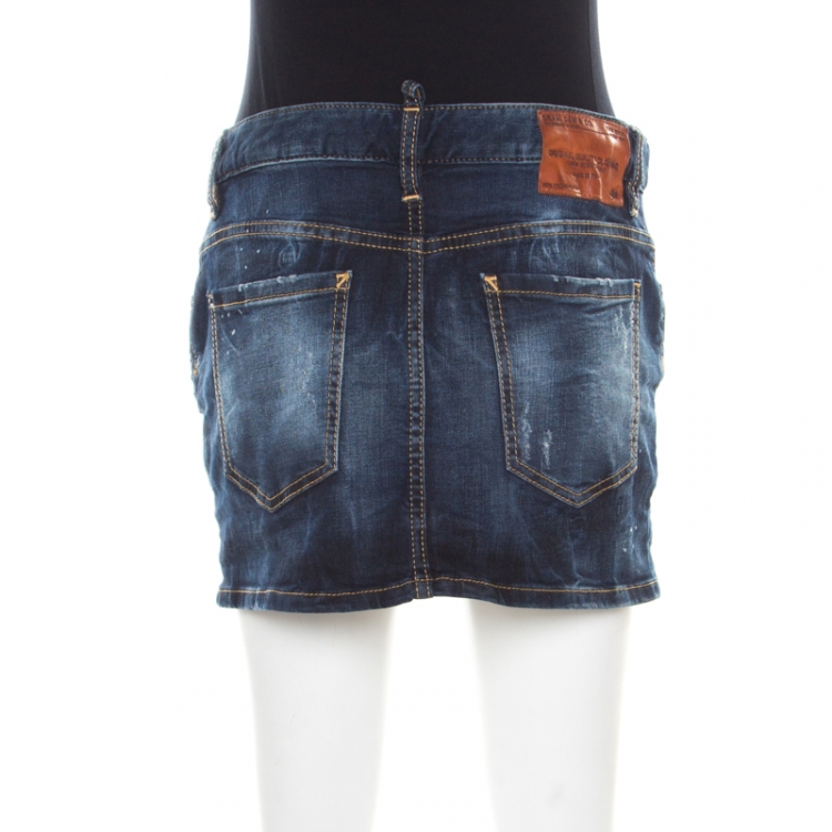 Pre Owned Dsquared2 Indigo Dark Wash Faded Effect Distressed Denim Mini Skirt M