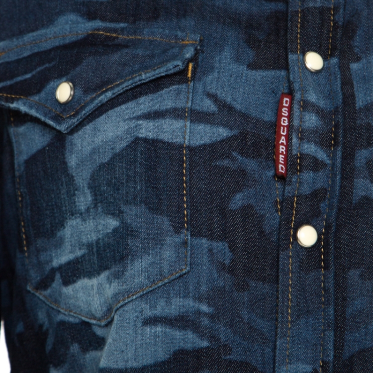 Pre Owned Dsquared2 Indigo Dark Wash Camouflage Effect Denim Shirt L