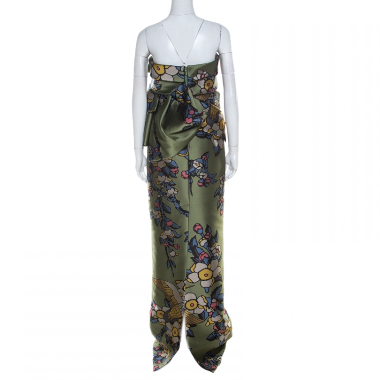 Pre Owned Dsquared2 Green Cherry Blossom Print Silk Draped Bodice Strapless Dress M