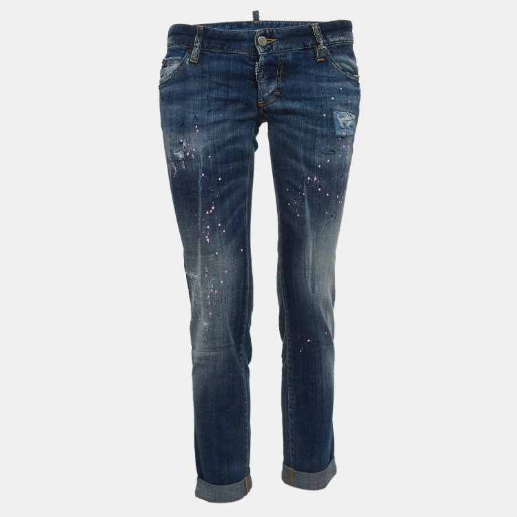 Pre Owned Dsquared2 Blue Paint Splashed Distressed Denim Skinny Jeans M Waist 32''