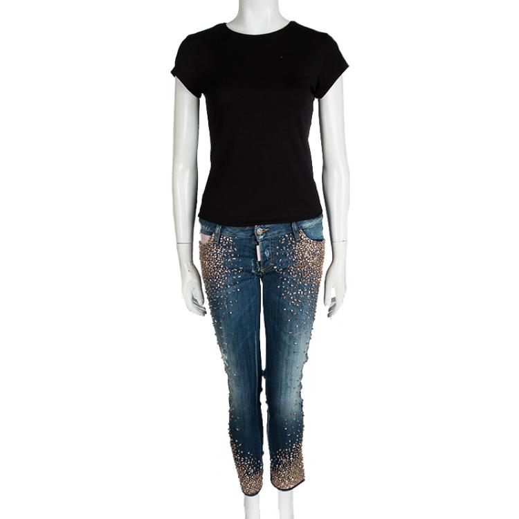 Pre Owned Dsquared2 Indigo Distressed Faded Denim Embellished Skinny Jeans M