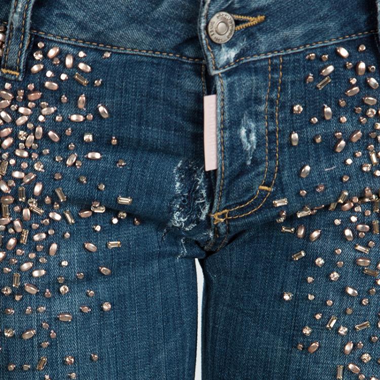 Pre Owned Dsquared2 Indigo Distressed Faded Denim Embellished Skinny Jeans M