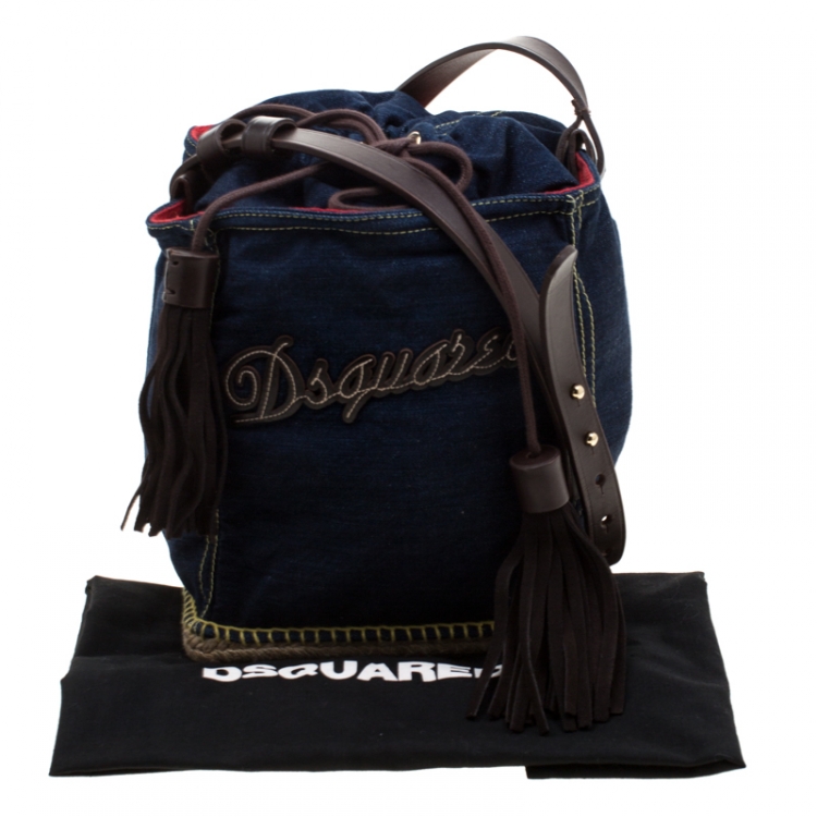 Pre Owned Dsquared2 Blue/Brown Denim Drawstring Shoulder Bag