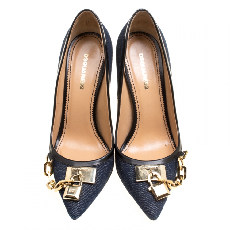 Pre Owned Dsquared2 Blue Denim Lock Detail Pointed Toe Pumps Size 36