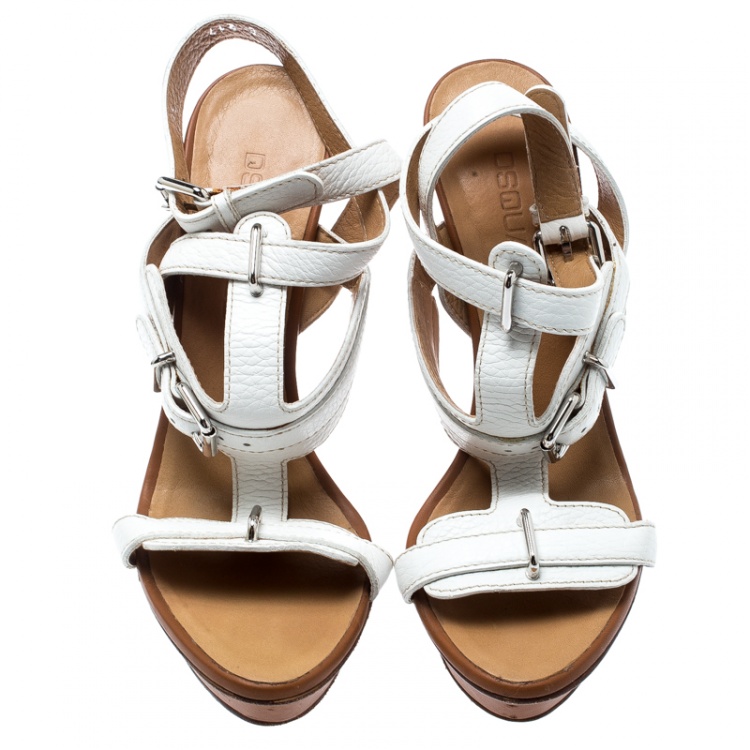 Pre Owned Dsquared2 White Leather T Strap Ankle Wrap Platform Sandals Size 36