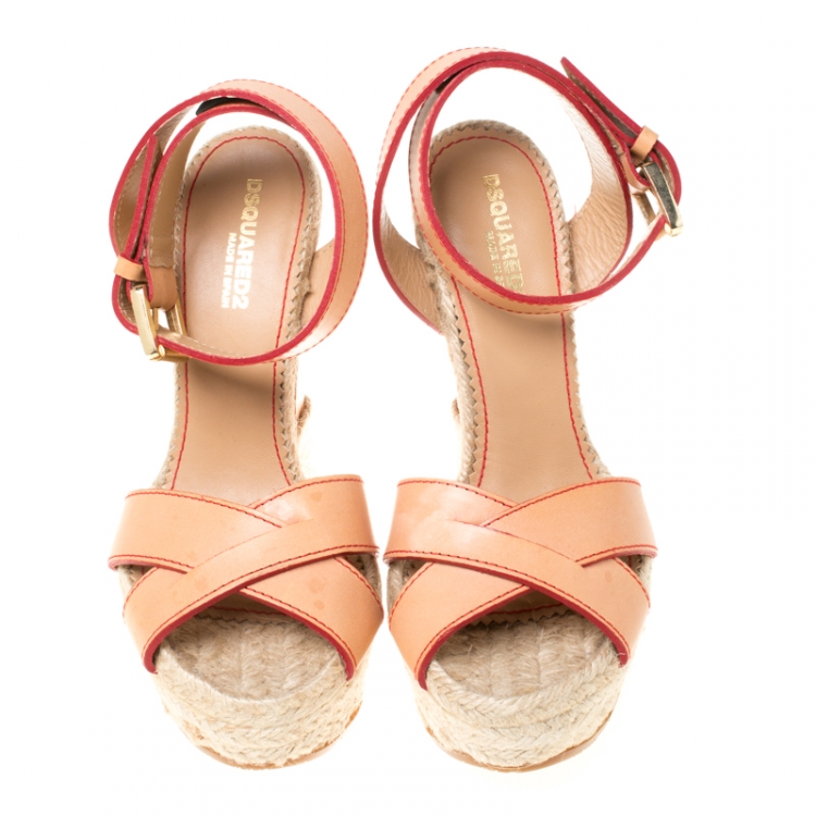 Pre Owned Dsquared2 Beige Leather Espadrille Ankle Strap Wedge Sandals Size 36