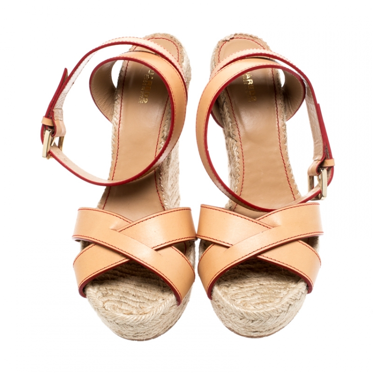 Pre Owned Dsquared2 Beige Leather Espadrille Ankle Strap Wedge Sandals Size 41