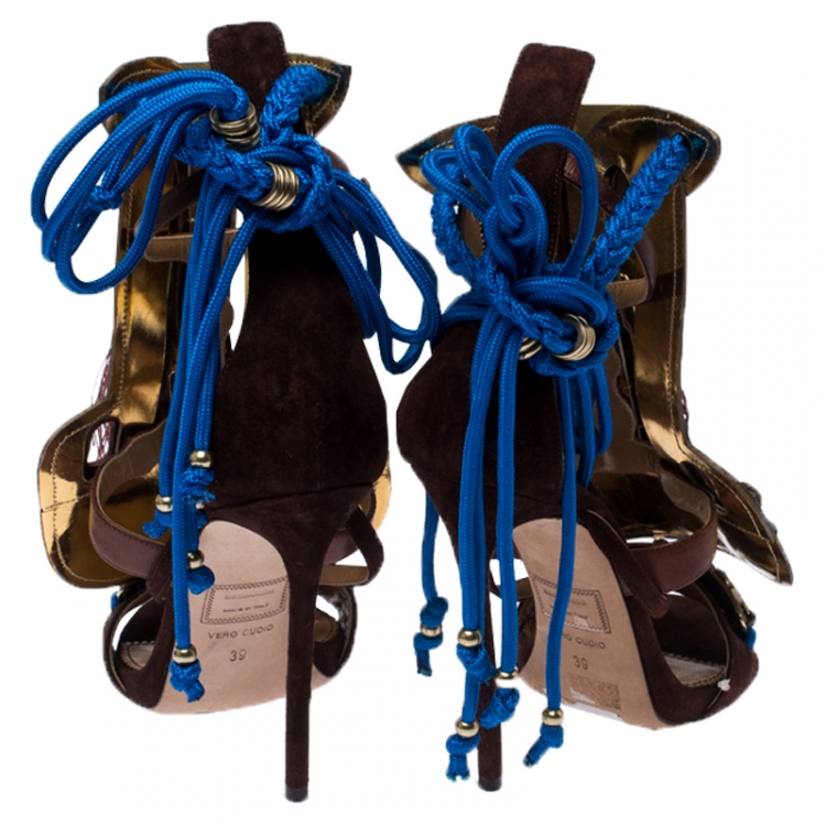 Pre Owned Dsquared2 Brown Suede Leather Embellished Ankle Wrap Sandals Size 39