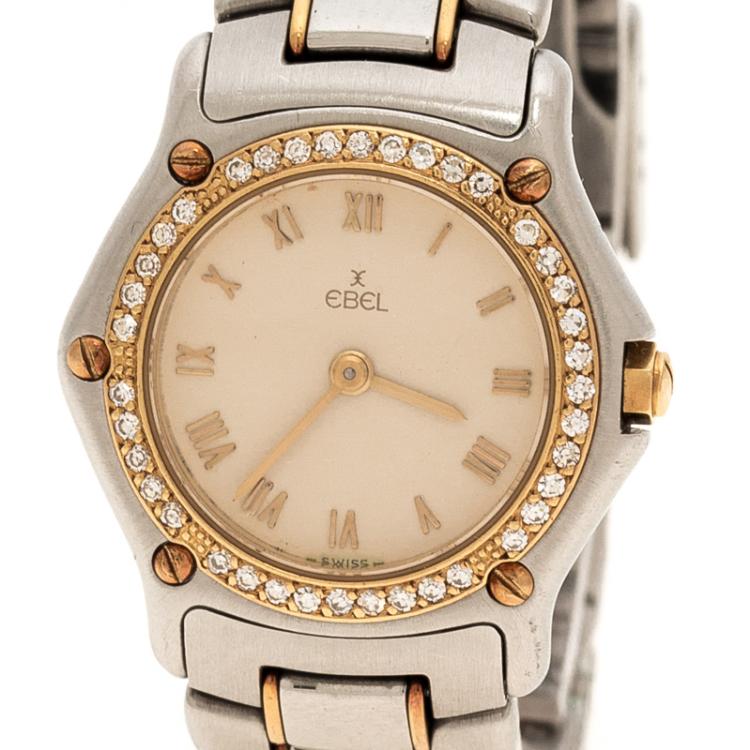 Pre Owned Ebel Cream Yellow Gold & Stainless Steel Diamonds 1911 Women's Wristwatch 24 mm