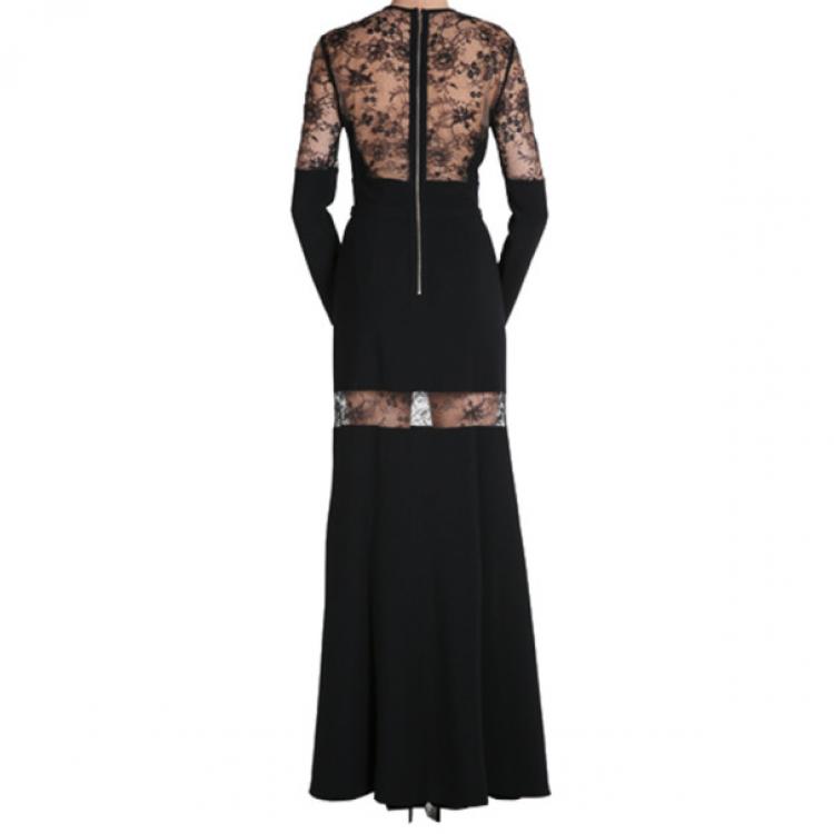 Pre Owned Elie Saab Black Lace-Detailed Long-Sleeved Gown S