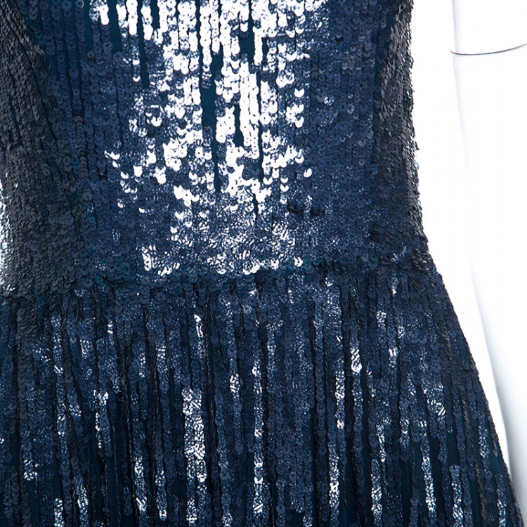 Pre Owned Elie Saab Teal Blue Sequinned Tulle Sleeveless Dress M