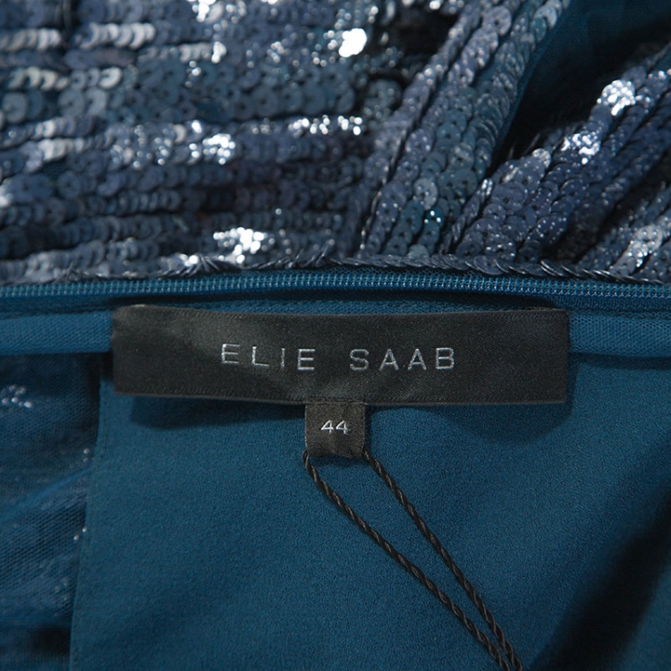 Pre Owned Elie Saab Teal Blue Sequinned Tulle Sleeveless Dress M