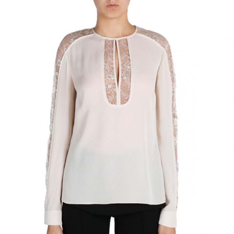 Pre Owned Elie Saab Cream Silk Lace-Detailed Tunic S