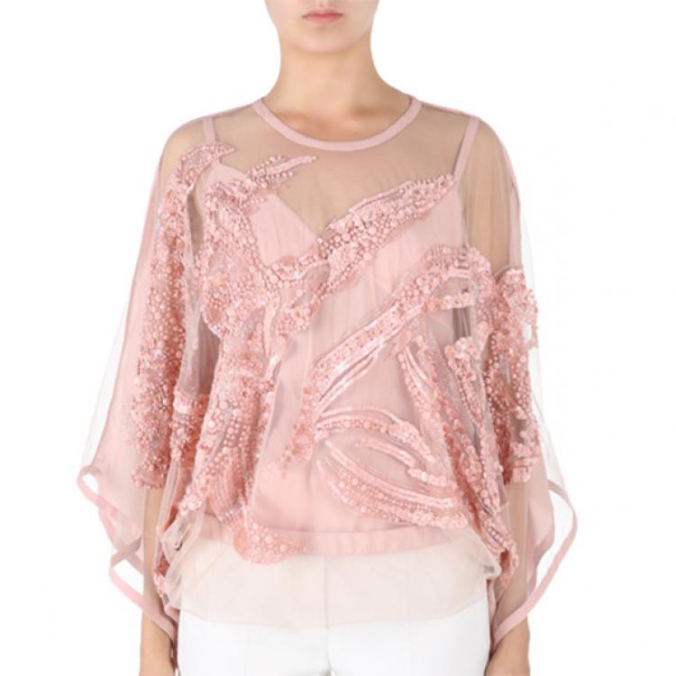 Pre Owned Elie Saab Pink Semi-Sheer Embroidered Top S