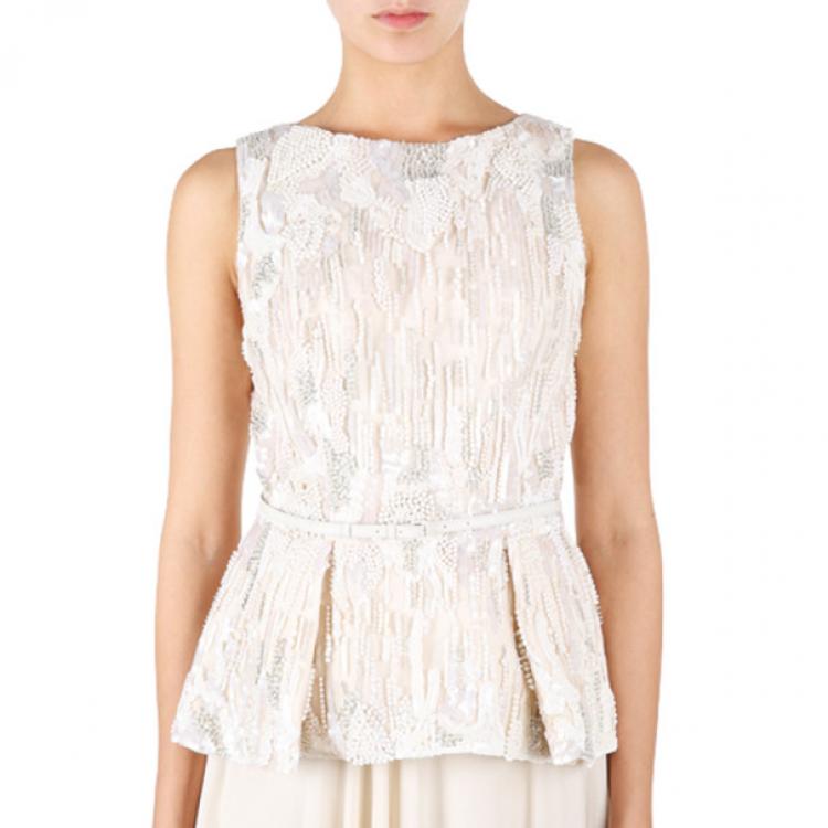 Pre Owned Elie Saab White Embroidered Sleeveless Top S