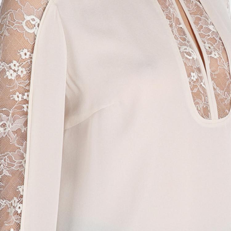 Pre Owned Elie Saab Cream Silk Lace-Detailed Tunic M