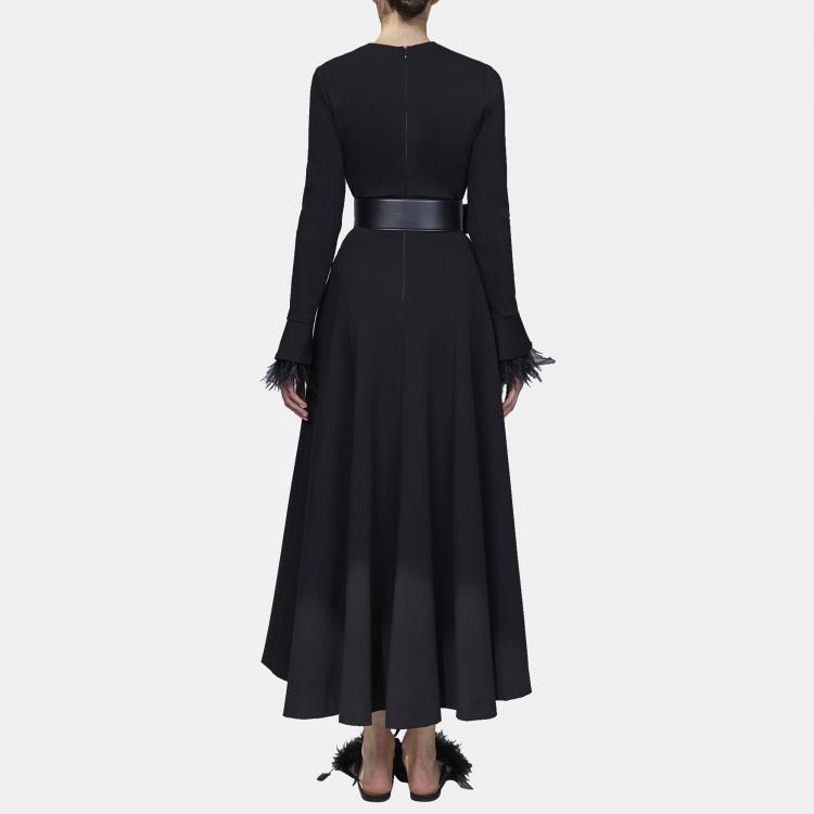 Pre Owned Elie Saab Black Jersey Feather Trim Long Sleeve Midi Dress M