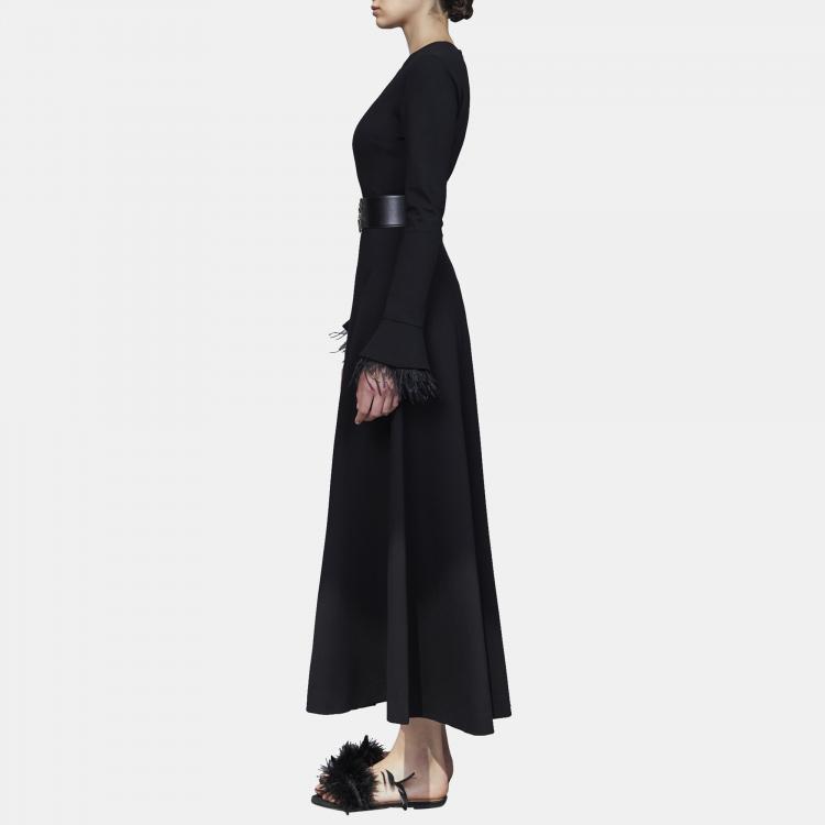 Pre Owned Elie Saab Black Jersey Feather Trim Long Sleeve Midi Dress M