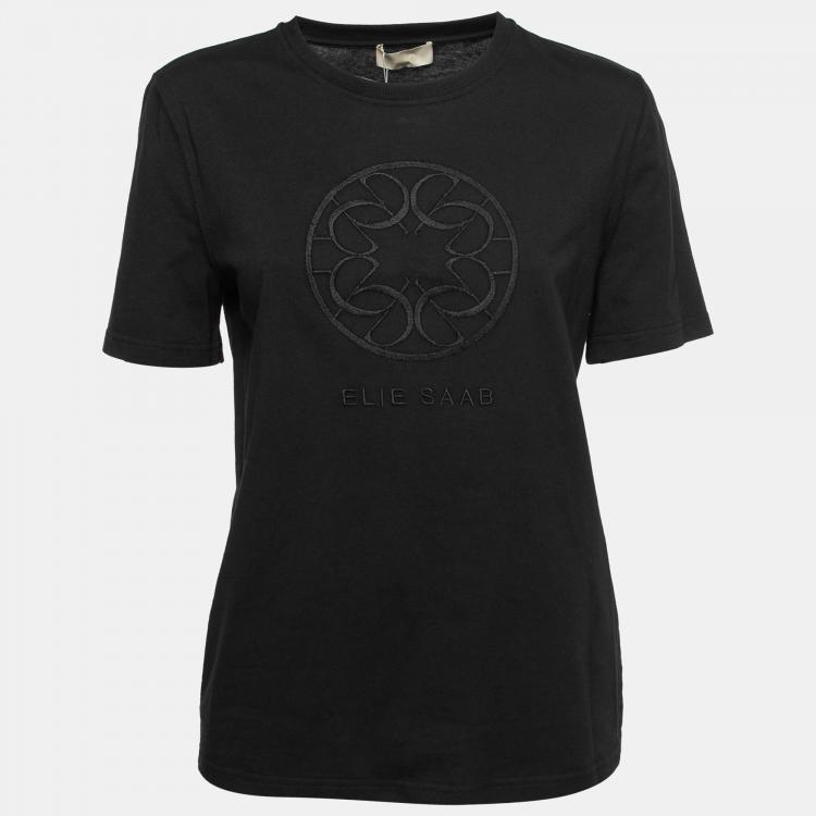 Pre Owned Elie Saab Black Jersey Monogram Embroidered T-Shirt M
