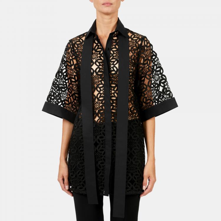 Pre Owned Elie Saab Black Macrame Lace Short Sleeve Buttoned Down Shirt L