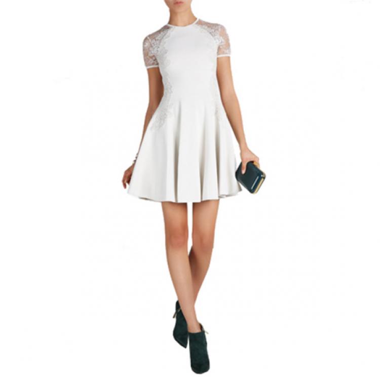 Pre Owned Elie Saab White Lace Short-Sleeved Dress S
