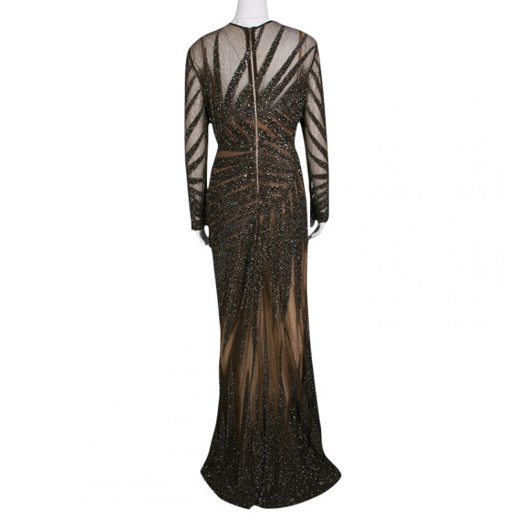 Pre Owned Elie Saab Dark Green Embellished Tulle Long Sleeve Gown S