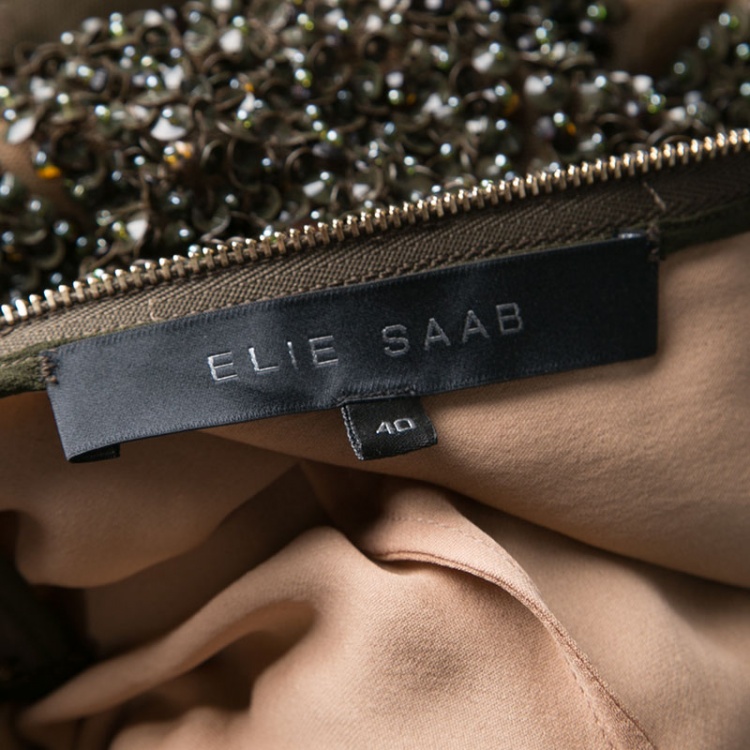 Pre Owned Elie Saab Dark Green Embellished Tulle Long Sleeve Gown S