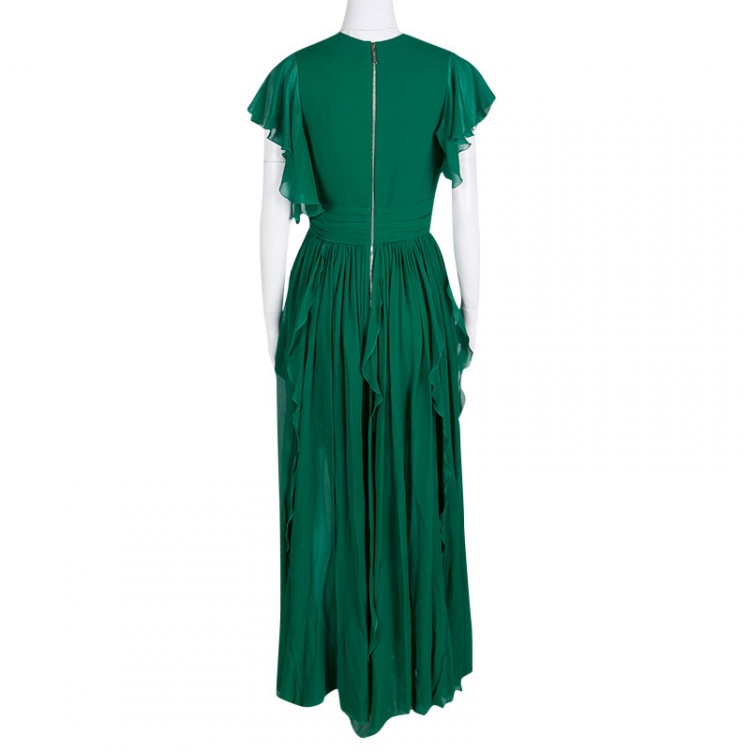 Pre Owned Elie Saab Green Silk Chiffon Flutter Sleeve Gathered Evening Gown S