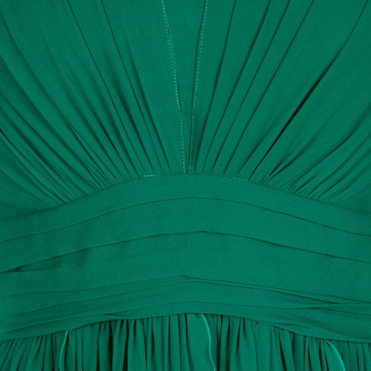 Pre Owned Elie Saab Green Silk Chiffon Flutter Sleeve Gathered Evening Gown S