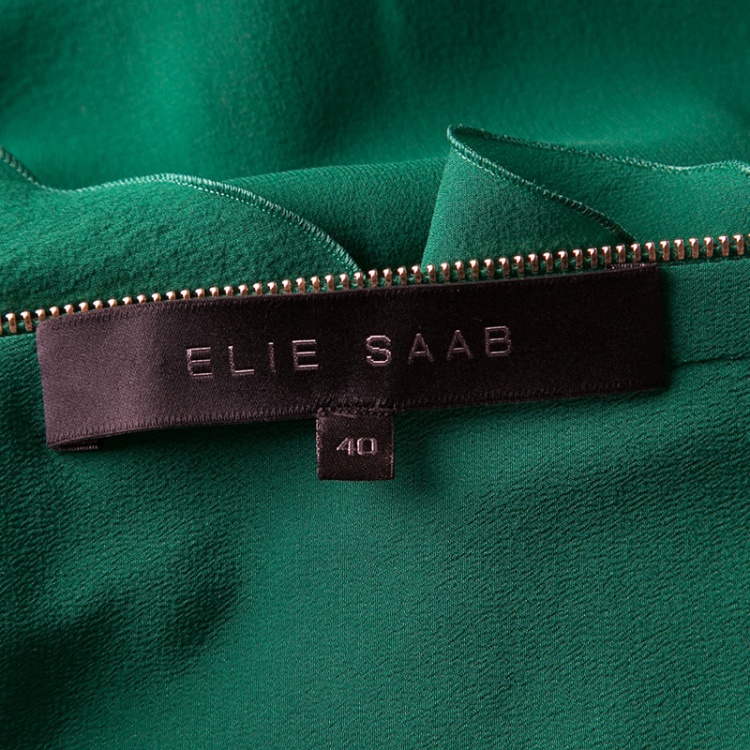Pre Owned Elie Saab Green Silk Chiffon Flutter Sleeve Gathered Evening Gown S