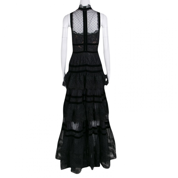 Pre Owned Elie Saab Black Velvet Trim Tiered Floral Lace Gown M