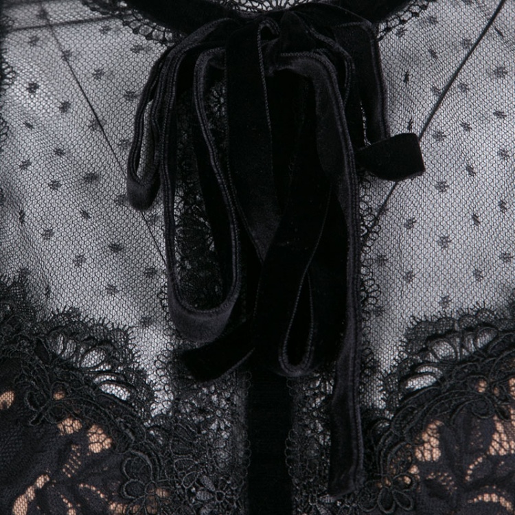 Pre Owned Elie Saab Black Velvet Trim Tiered Floral Lace Gown M