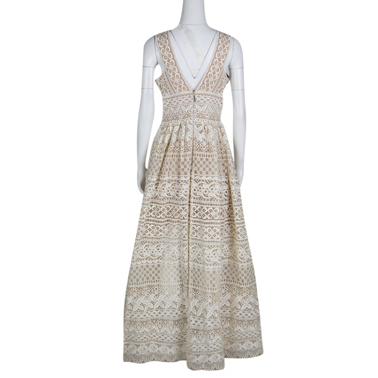 Pre Owned Elie Saab Ivory and Beige Embroidered Guipure Lace Plunge Neck Sleeveless Gown S