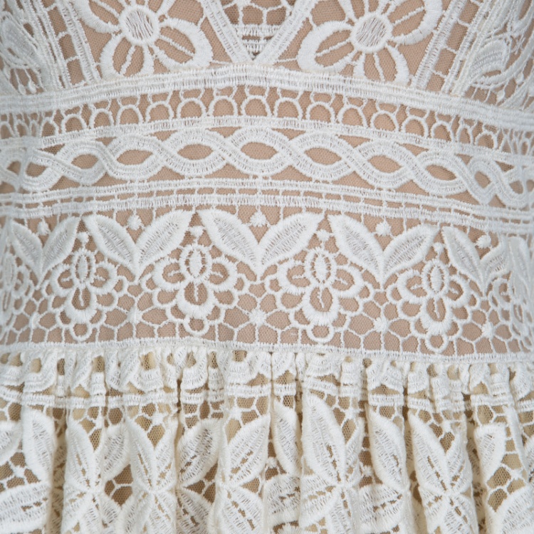 Pre Owned Elie Saab Ivory and Beige Embroidered Guipure Lace Plunge Neck Sleeveless Gown S