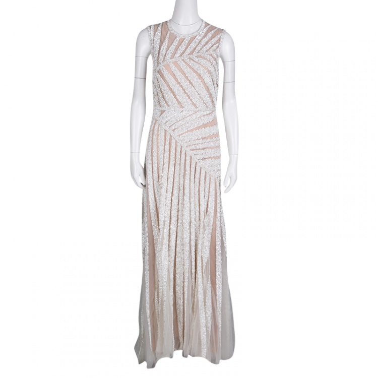 Pre Owned Elie Saab Ivory Palm Leaf Pattern Embellished Sleeveless Tulle Gown S